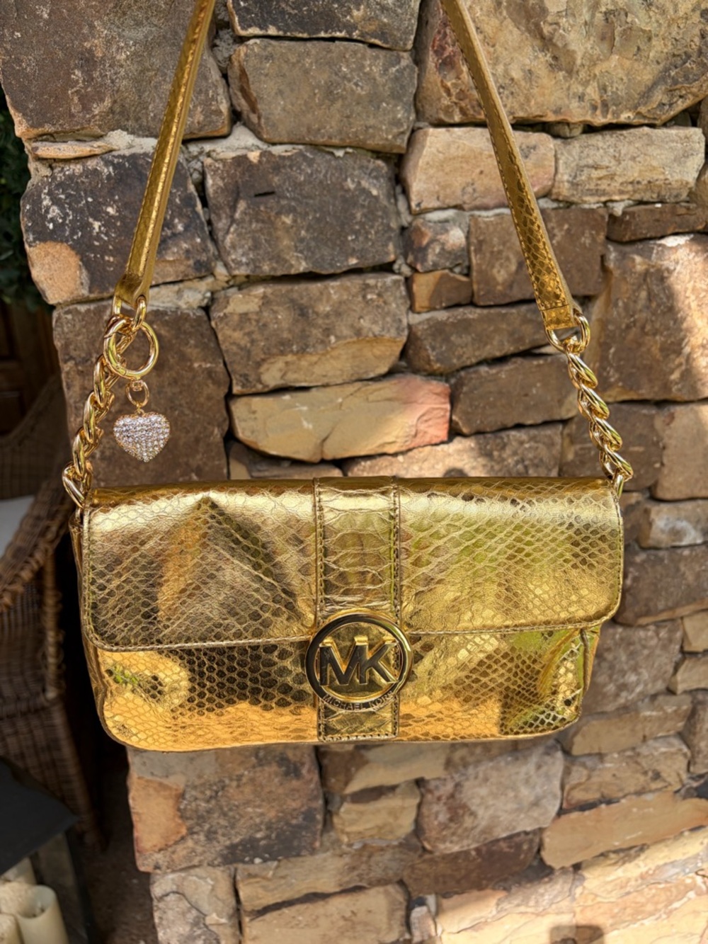 Michael Kors Metallic Gold Snake-Embossed Shoulder Bag with Charm - Picture 12 of 12